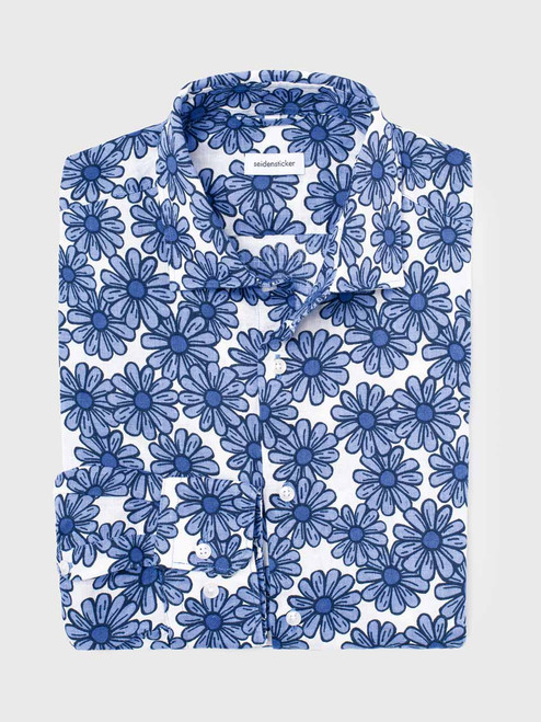 Men's Blue 100% Linen Flower Seidensticker Shirt