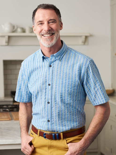 Men's Blue Striped Cotton Seersucker Shirt On Model