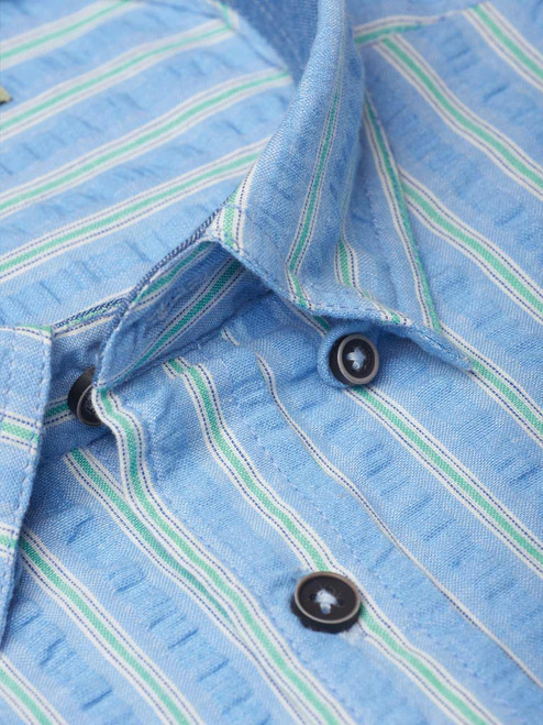 Men's Blue Striped Cotton Seersucker Shirt Hidden Buttondown Collar