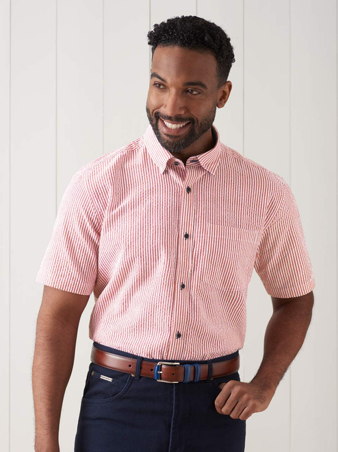 Men's Red Striped Seersucker Shirt On Model