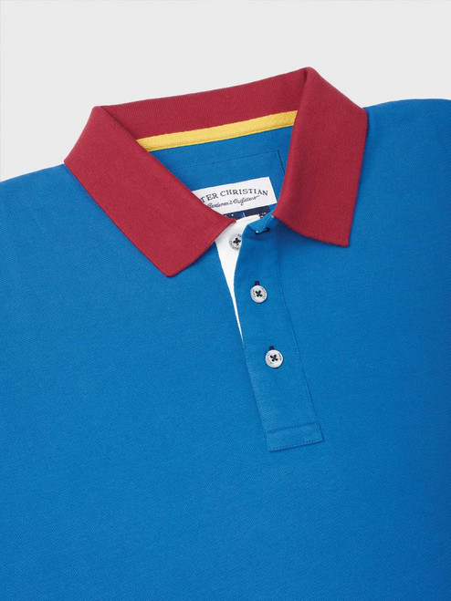 Men's Blue Contrast Trim Piqué Cotton Polo Shirt Collar