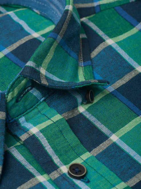 Men's Green Check Short Sleeve Linen and Cotton Shirt  Hidden Button-Down