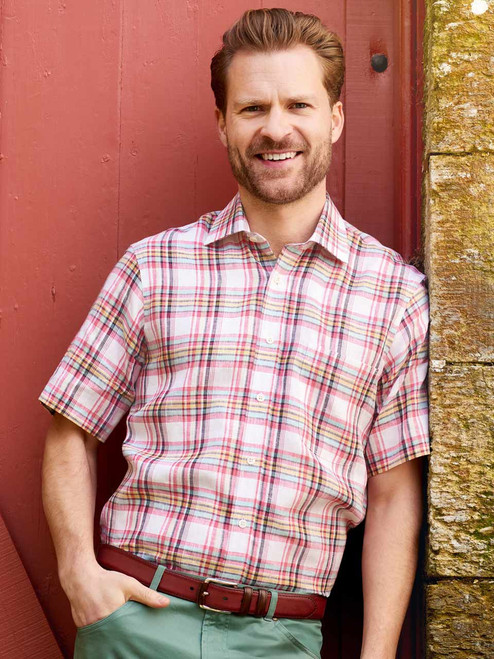 Men's Raspberry Red Cotton & Linen Check Shirt | Peter Christian