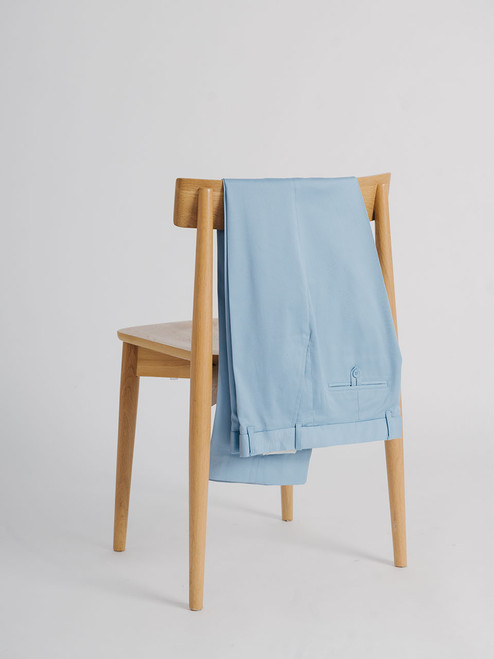 Men's Sky Blue Cotton & Silk Chino Pants on Chair