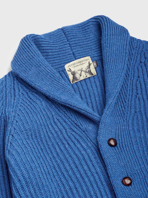 Men's Blue Shawl Neck Cardigan Collar