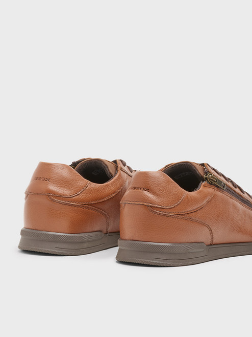 Men's Geox Tan Leather Zip Trainer Close Up