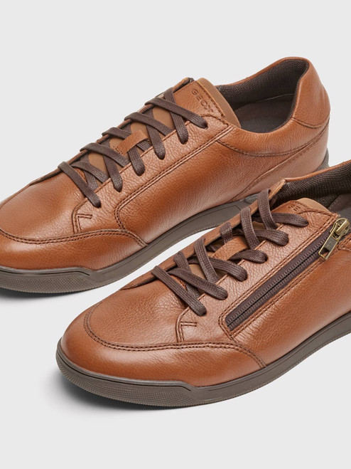 Men's Geox Tan Leather Zip Trainer Side View