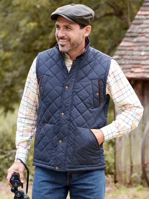 Navy Blue Sleeveless Quilted Vest With Sporty Baseball Collar