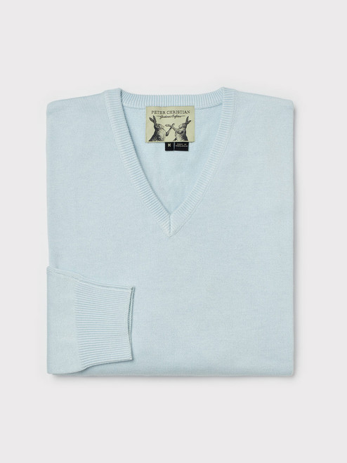 Men's Light Blue Lightweight V-Neck Sweater Folded