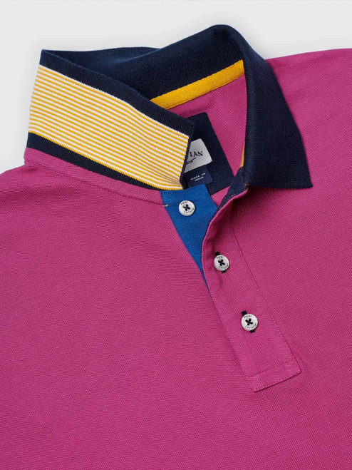 Men's Pink Pique Polo Shirt Yellow Stripe Under Collar