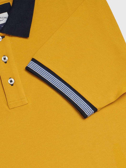 Men's Yellow Gold Pique Polo Shirt Striped Contrast Cuff