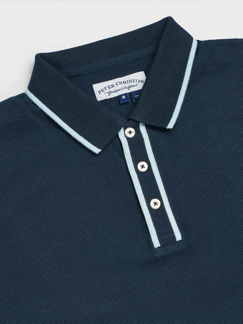 Navy Blue Textured Polo Shirt Light Blue Trim