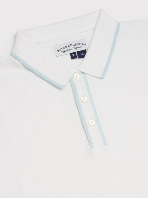 Men's White Textured Polo Shirt Light Blue Trim