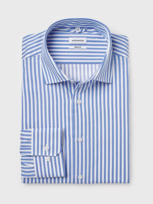 Men's Blue and White Vertical Stripe Seidensticker Long Sleeve Shirt