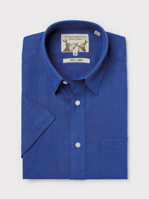 Blue 100% Linen Short Sleeve Shirt Folded