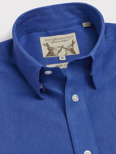 Blue 100% Linen Short Sleeve Shirt Collar