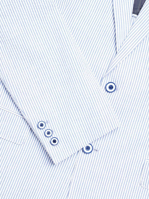 Men's Blue & White Striped Seersucker Jacket Buttoned Working Cuff