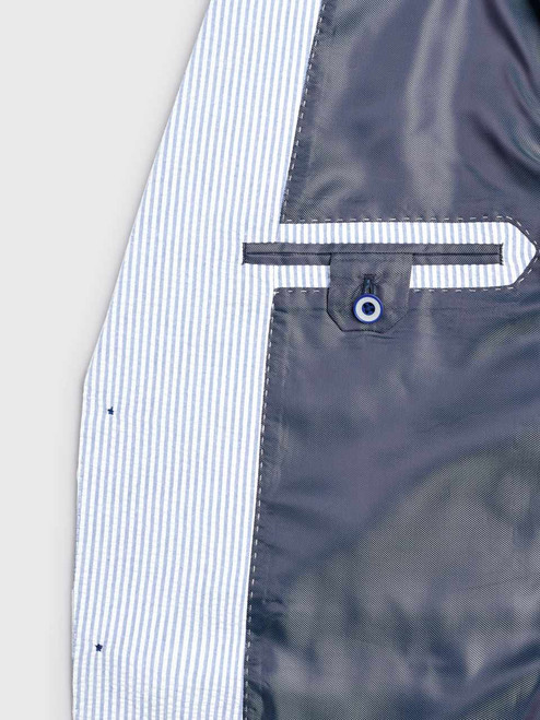 Men's Blue & White Striped Seersucker Jacket Inside Pocket