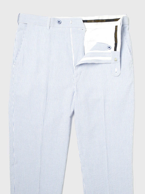 Men's Blue & White Striped Seersucker Suit Pants French Bearer Fastening