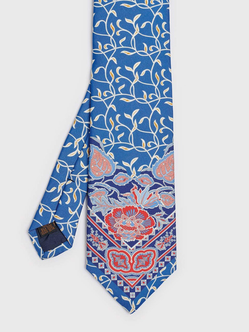 Men's Blue Floral Pattern Botanical Silk Tie Flat