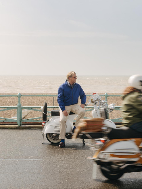 Lord Trousers with Vespa Scooter going past