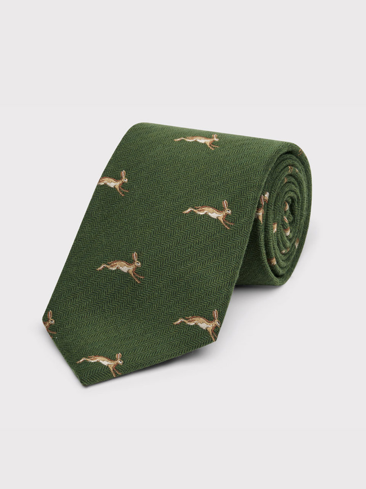 Mens Forest Green Leaping Hare Tie Rolled