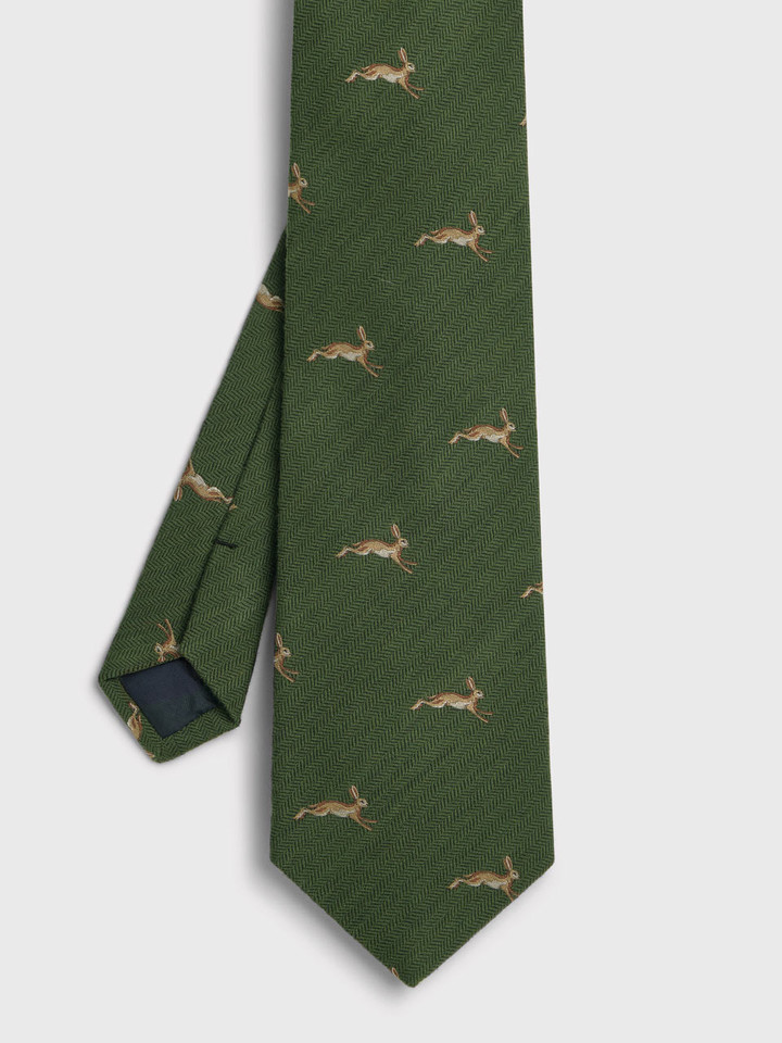 Mens Forest Green Leaping Hare Tie Flat