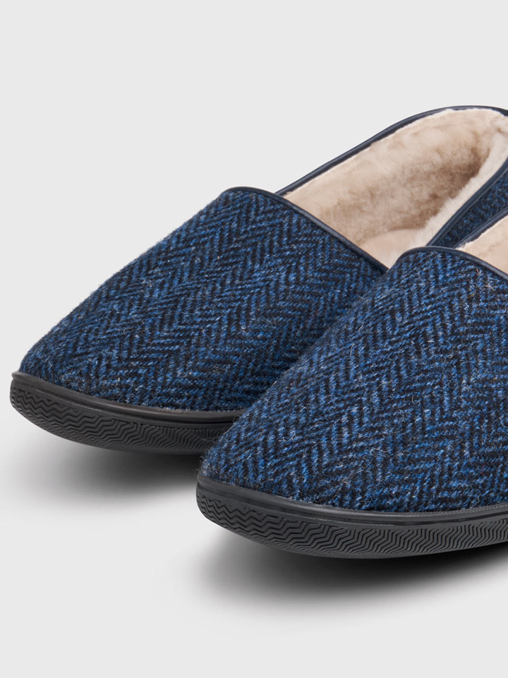 Men's Draper Blue Check Harris Tweed® Sheepskin Slippers Angled Closeup