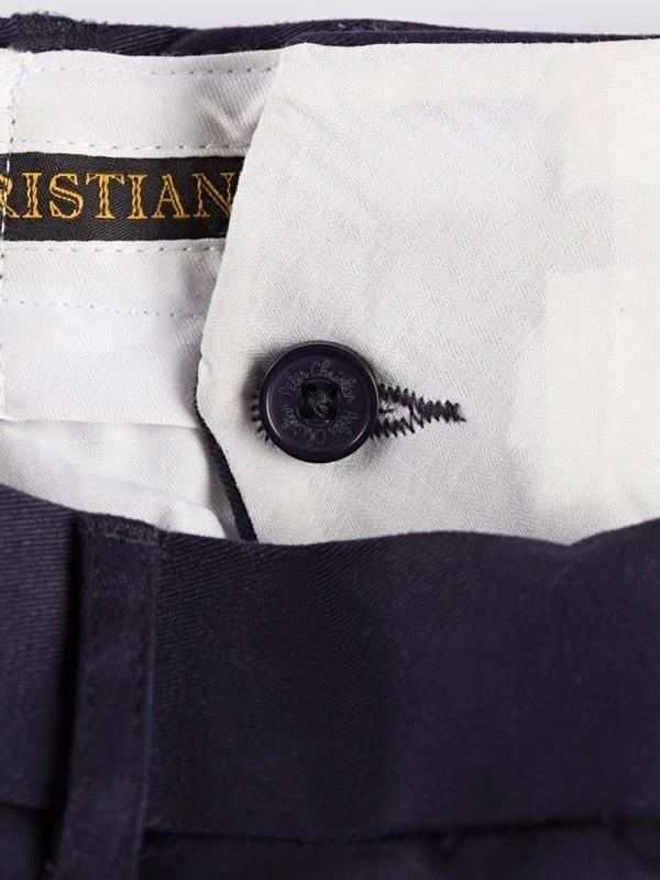 Close Up of Mens Navy Blue Pleated Chinos French Bearer