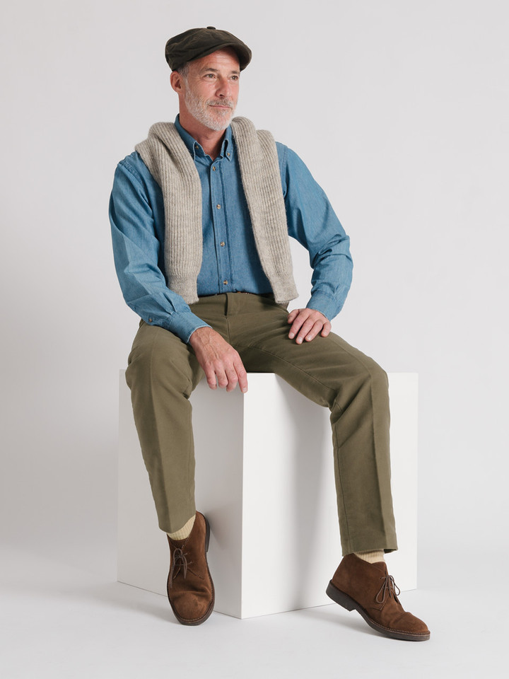 Men's Loden Green Moleskin Pants On Model