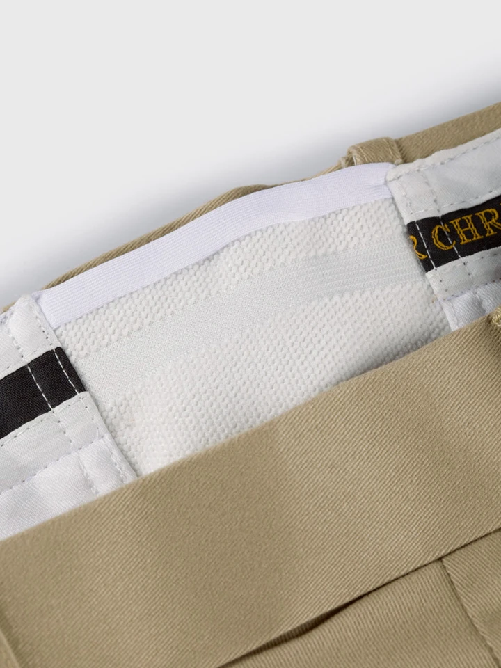 Close Up of Mens Sand Brown Pleated Chinos Expanding Waistband