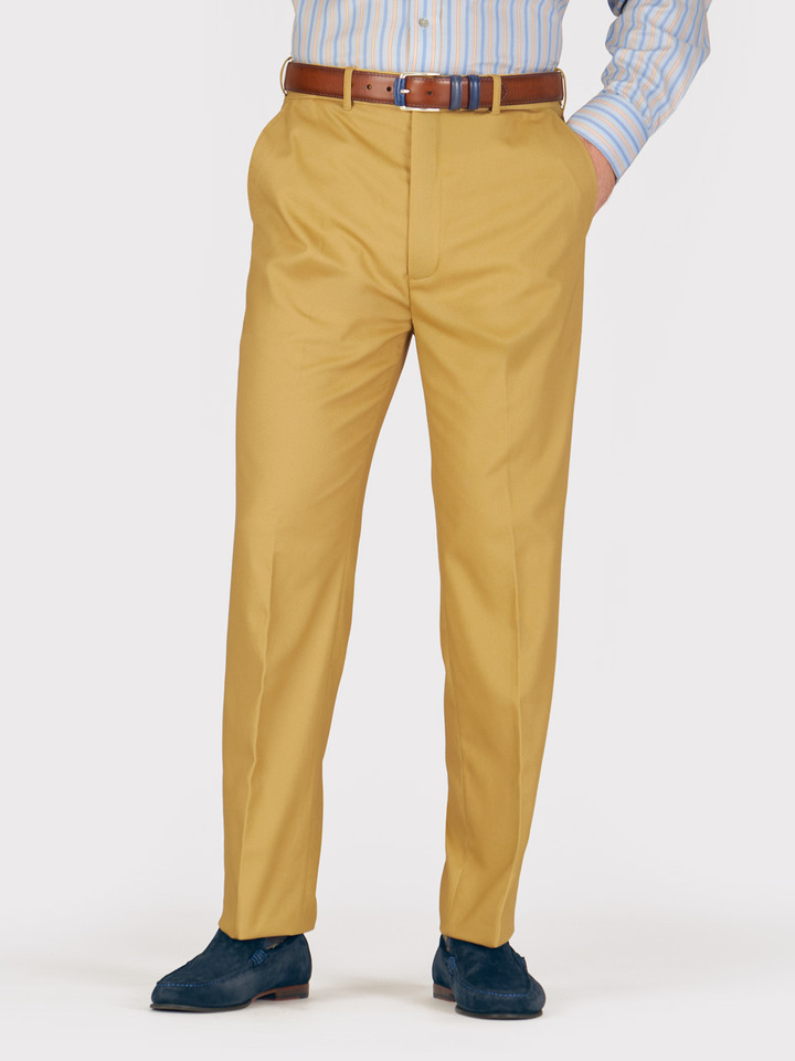 Mens Mustard Yellow Flat Front Chinos on Model