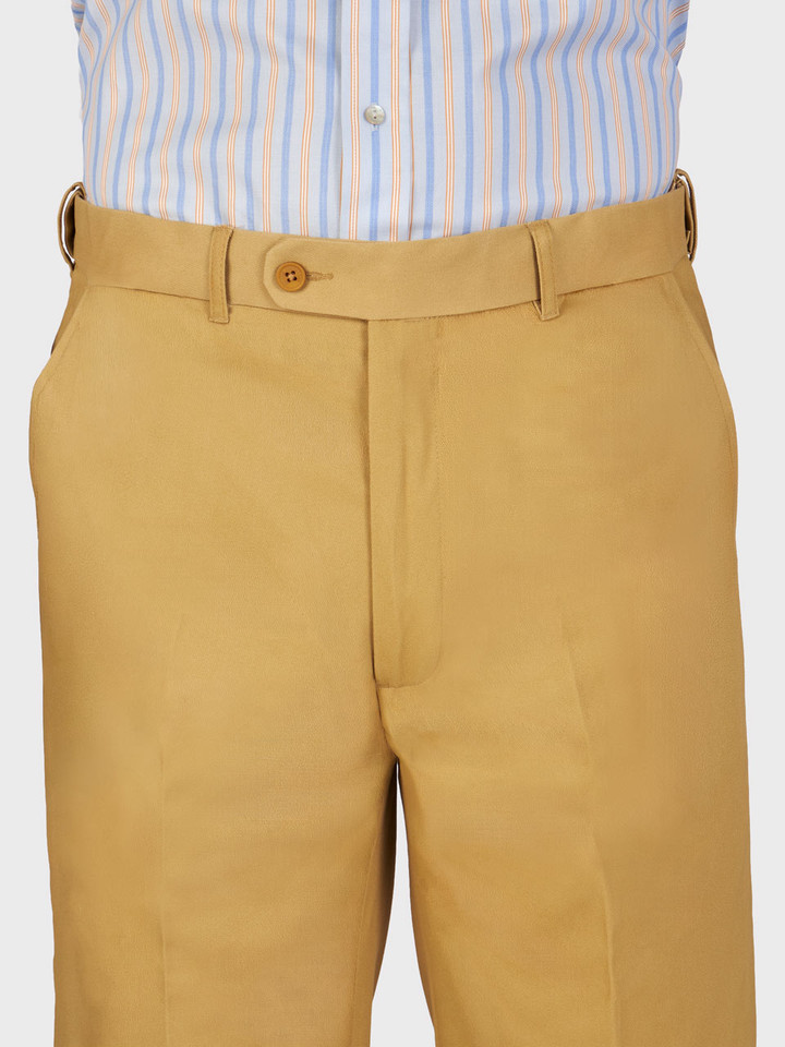 Mens Mustard Yellow Flat Front Chinos on Model Front