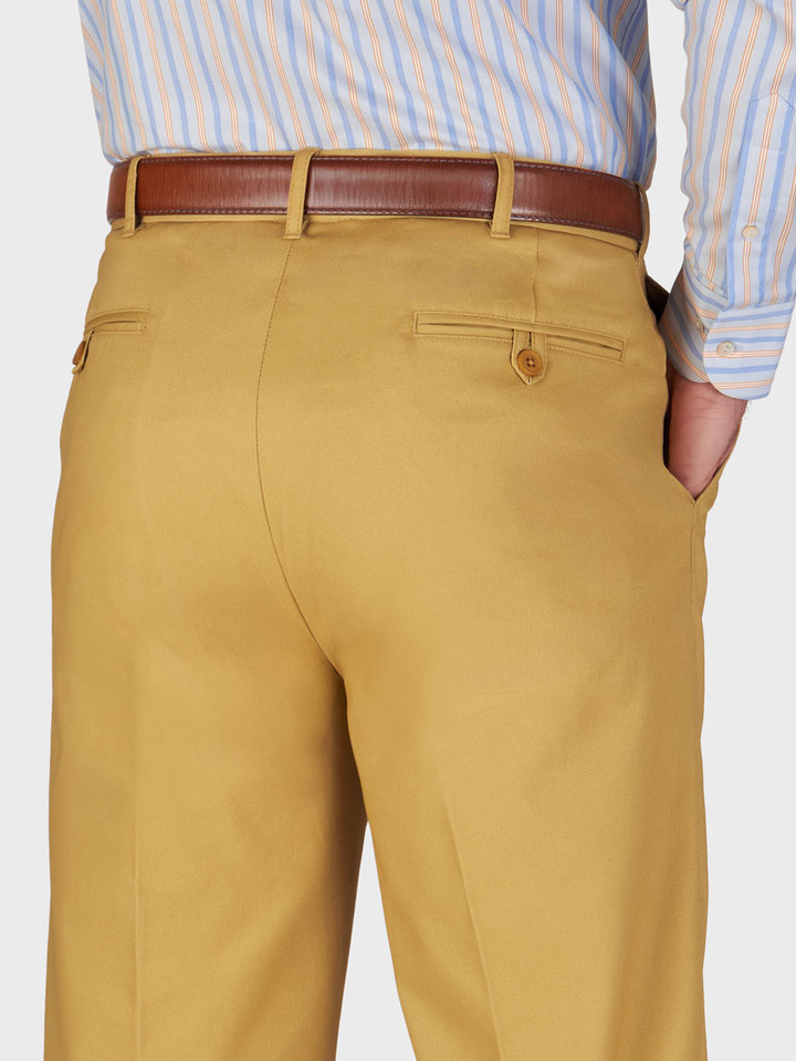 Mens Mustard Yellow Flat Front Chinos on Model Back Pockets