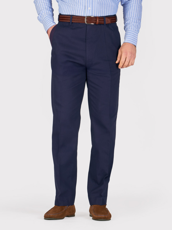 Men's Navy Blue Flat Front Chino Pants on Model
