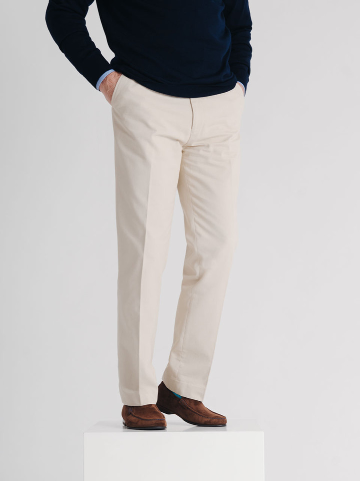 Men's Stone White Flat Front Chino Pants on Model