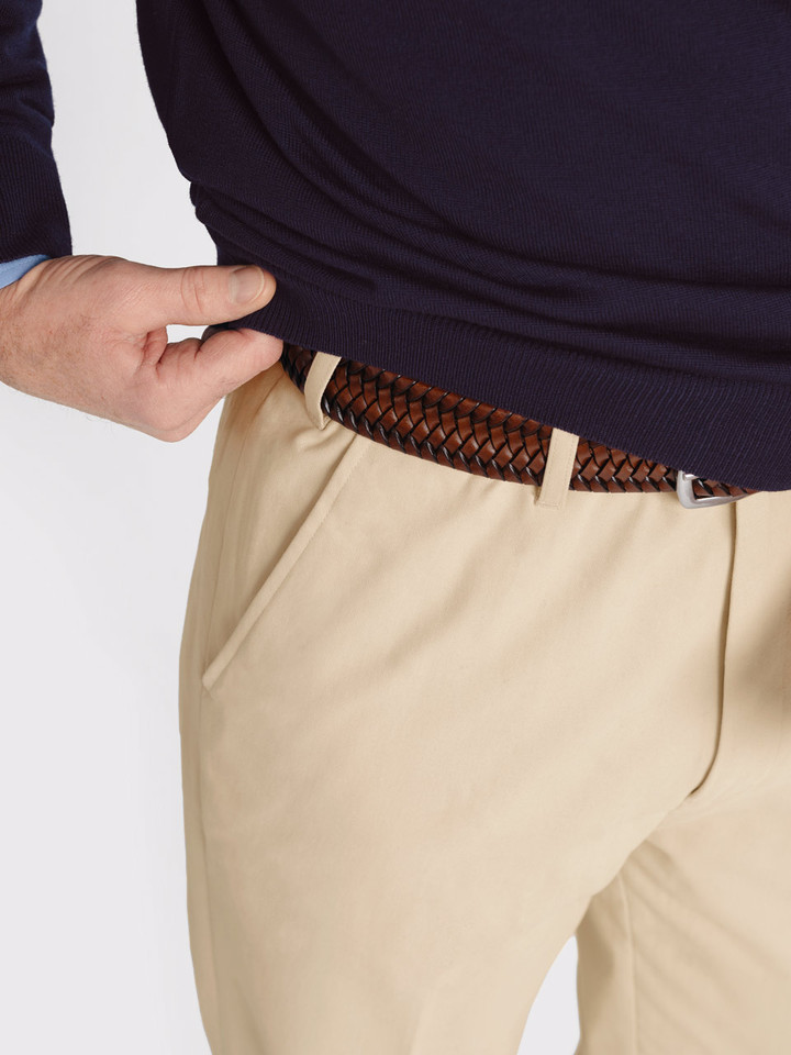 Men's Stone Flat Front Chino Pants on Model Belt Loops