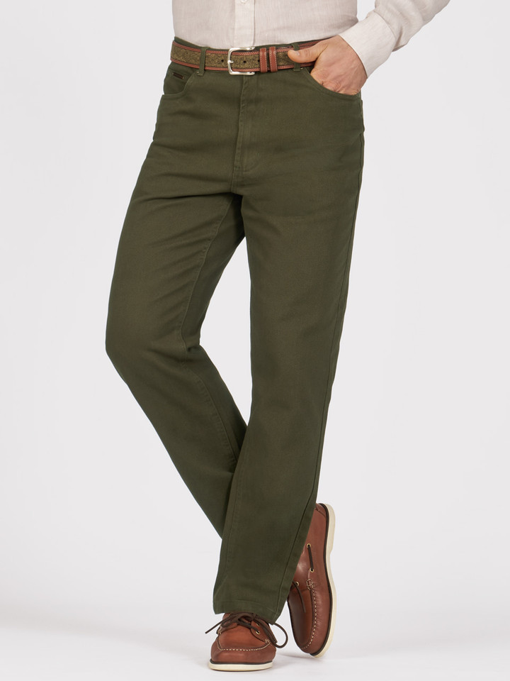 Men's Pine Green Drill Jeans on Model