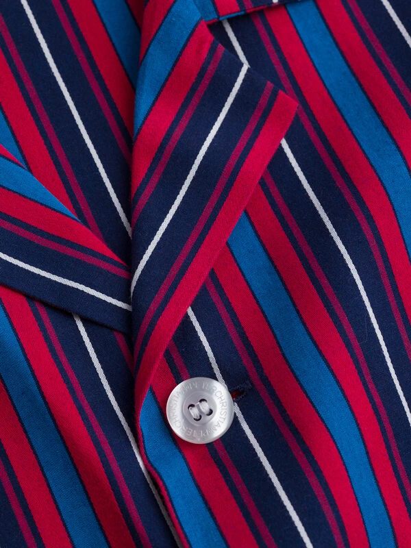 Button detail of Navy & Red Cotton Club Stripe Pajamas