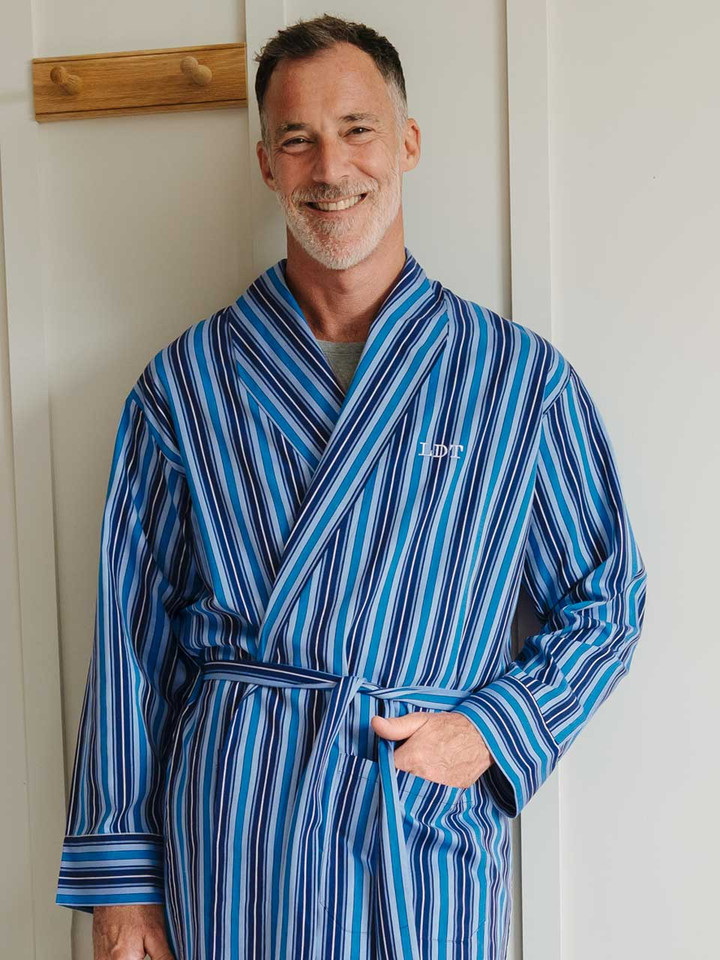 Mens Navy & Blue Club Stripe Dressing Gown on Model with Monogramming