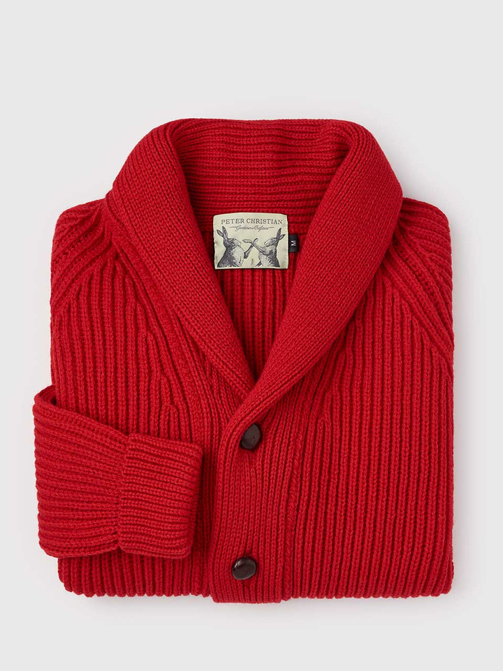 Men's Red Shawl Neck Cardigan Folded