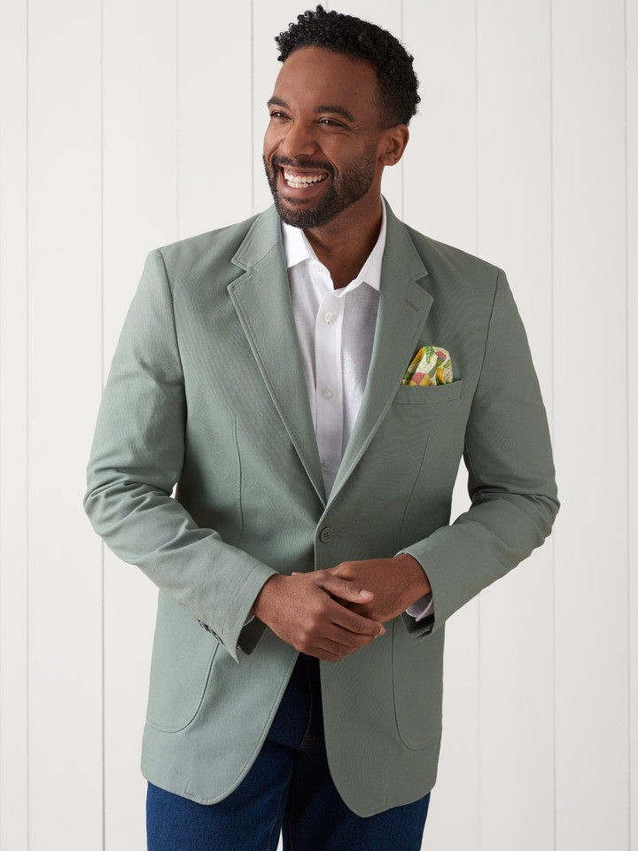 Men's Sage Green Cotton Canvas Blazer On Model