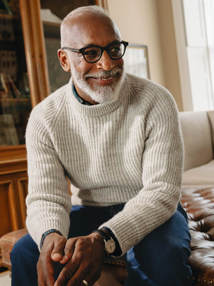 Fisherman Stone Ribbed Jumper On Model