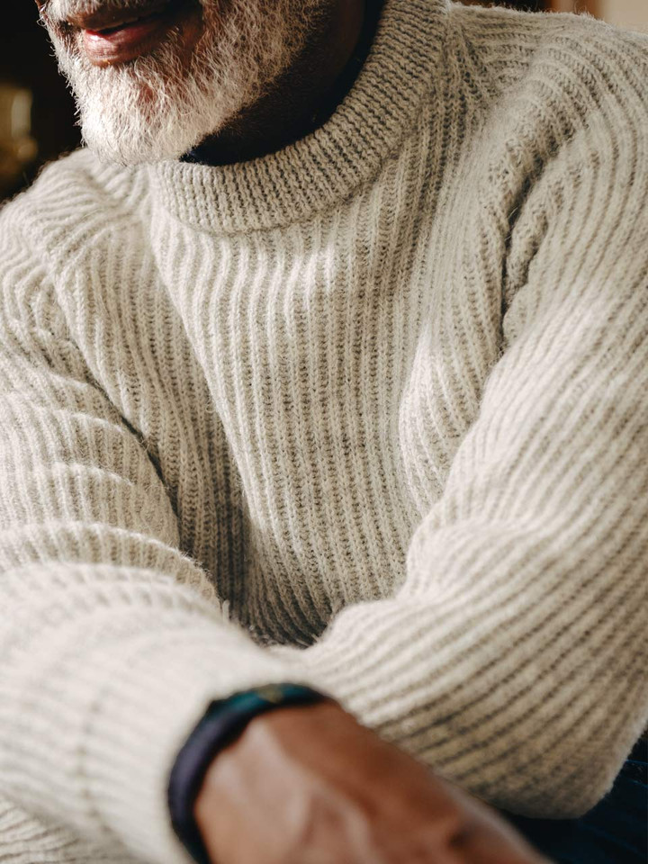 Fisherman Stone Ribbed Jumper On Model Details