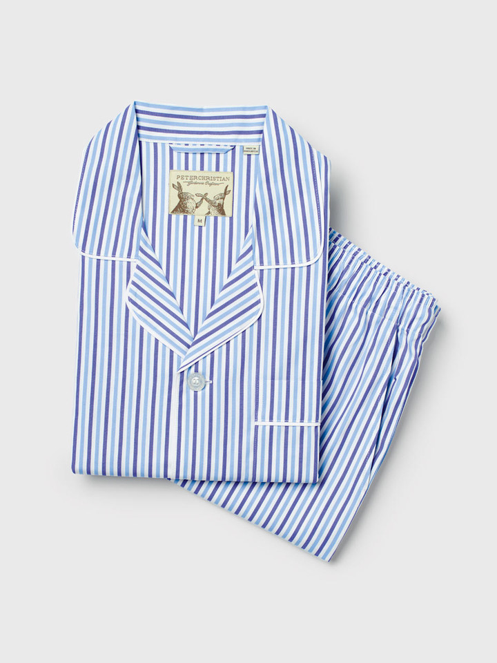 Mens Blue Striped Short Pajama Set Flat