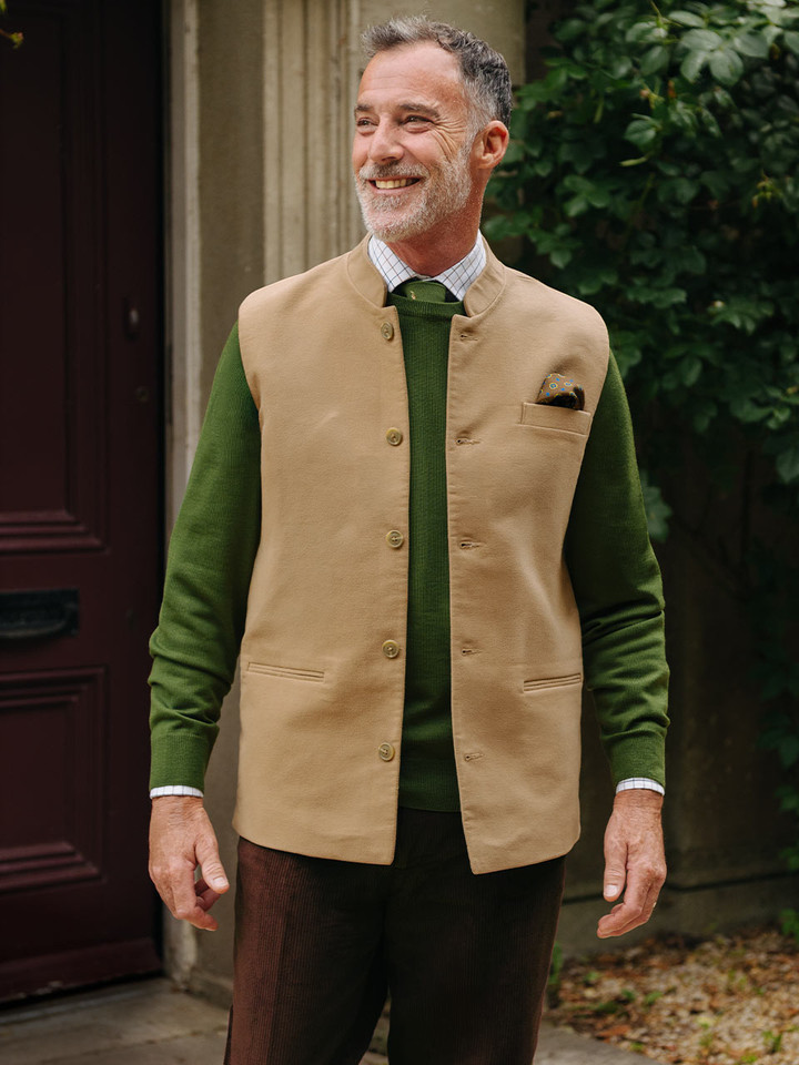 Men's Biscuit Beige Nehru Collar Moleskin Gilet | Peter Christian
