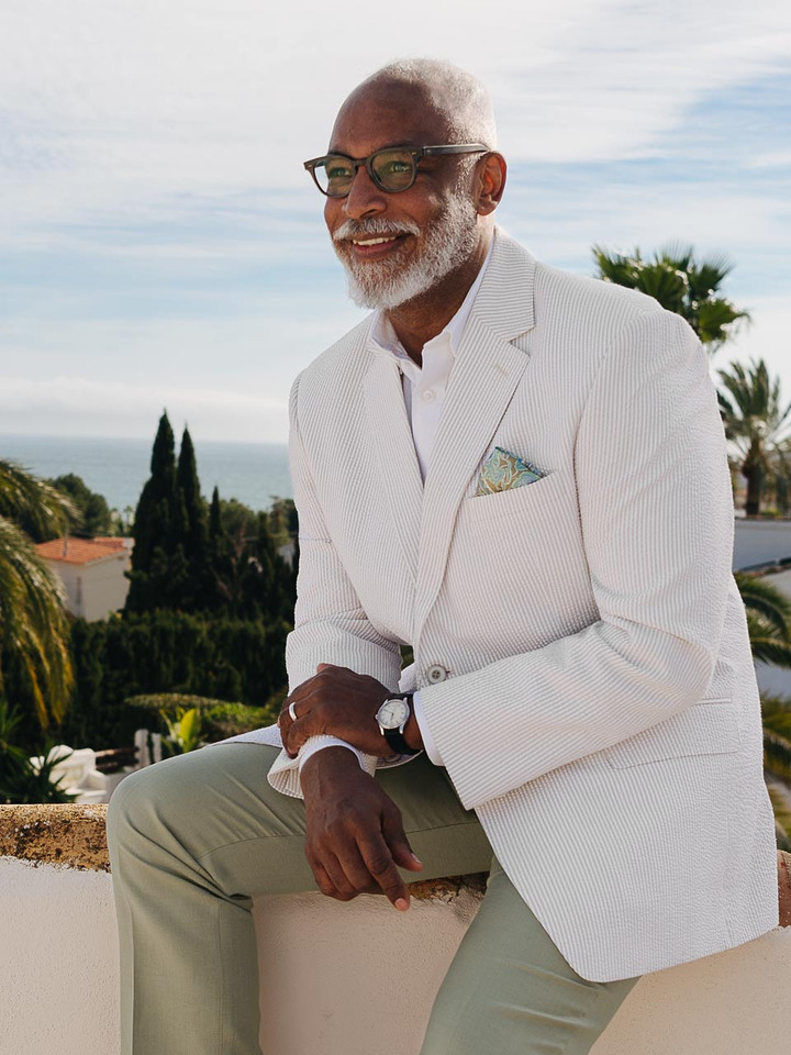 Men's Natural Striped Seersucker Jacket On Model