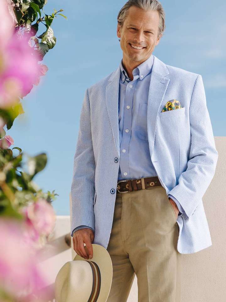 Men's Blue & White Striped Seersucker Jacket On Model
