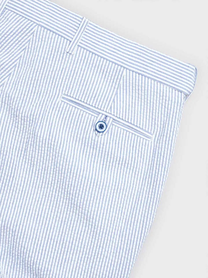 Men's Blue and White Striped Seersucker Shorts Buttoned Pocket