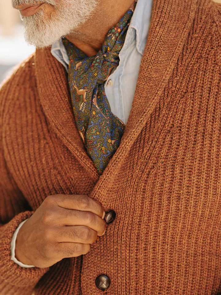 Men's Cinnamon Shawl Neck Cardigan On Model Closeup